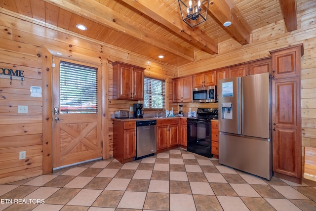 1032 Black Bear Cub Way, Sevierville, TN 37862 - kitchen with stainless steel appliances, wooden walls, a wood ceiling with exposed beams, brown cabinetry, and light countertops