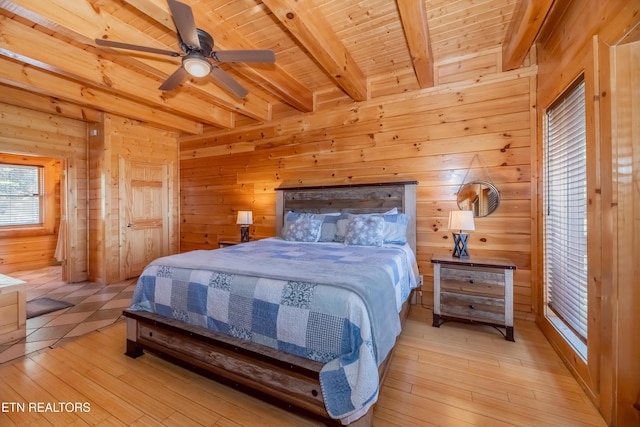 1032 Black Bear Cub Way, Sevierville, TN 37862 - bedroom featuring light wood-style floors, wood walls, and a wooden ceiling with exposed beams