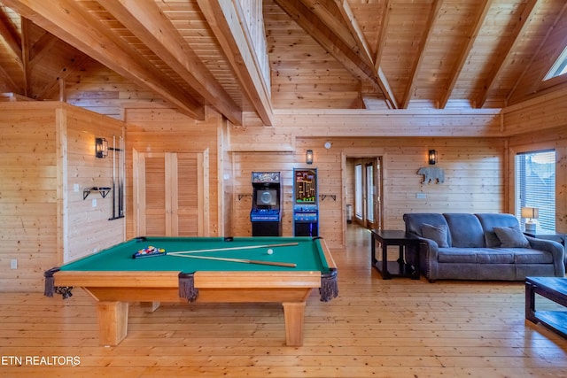 1032 Black Bear Cub Way, Sevierville, TN 37862 - recreation room featuring wooden walls, pool table, wood ceiling, and wood-type flooring