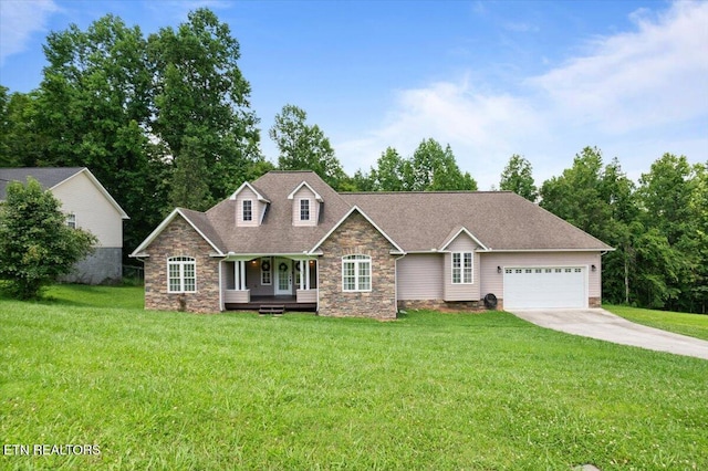 171 Forest Cove Ct, Jacksboro, TN 37757 - view of front of property with stone siding, a porch, a garage, driveway, and a front lawn