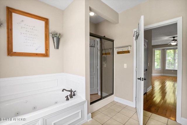 171 Forest Cove Ct, Jacksboro, TN 37757 - full bathroom featuring a shower stall, a tub with jets, tile patterned floors, and ceiling fan