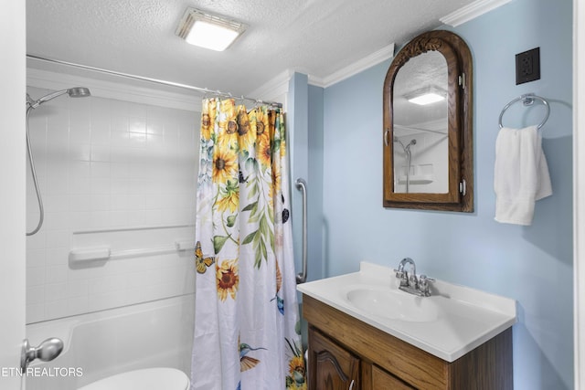 204 Queener St, Jacksboro, TN 37757 - full bathroom with ornamental molding, vanity, a textured ceiling, and shower / tub combo
