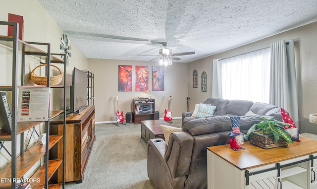 181 Overlook Ln, Jacksboro, TN 37757 - living room featuring light carpet, a textured ceiling, and a ceiling fan