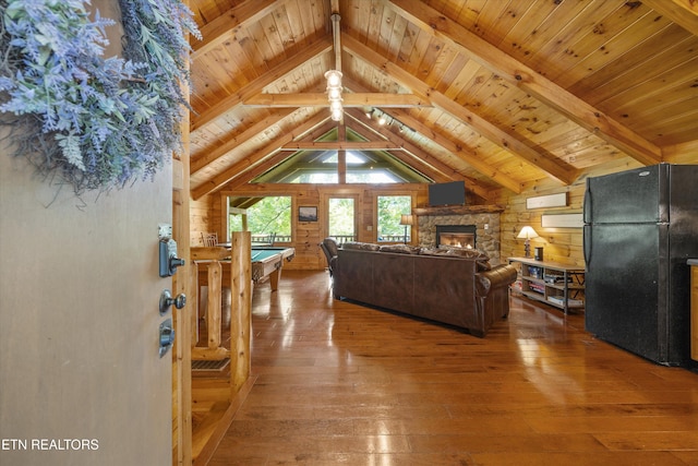 1235 Honeysuckle Ln, Sevierville, TN 37876 - living room with wooden walls, hardwood / wood-style flooring, wood ceiling, a stone fireplace, and billiards table