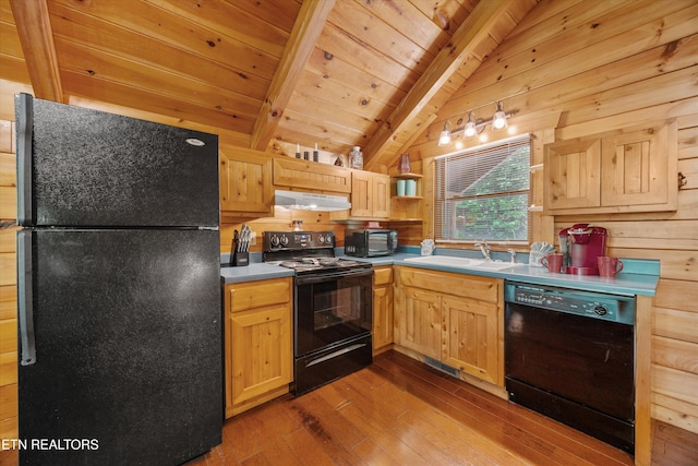 1235 Honeysuckle Ln, Sevierville, TN 37876 - kitchen featuring black appliances, under cabinet range hood, wood-type flooring, wood ceiling, and light brown cabinetry