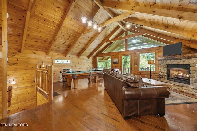 1235 Honeysuckle Ln, Sevierville, TN 37876 - living room with wooden ceiling, billiards, hardwood / wood-style flooring, wood walls, and a stone fireplace