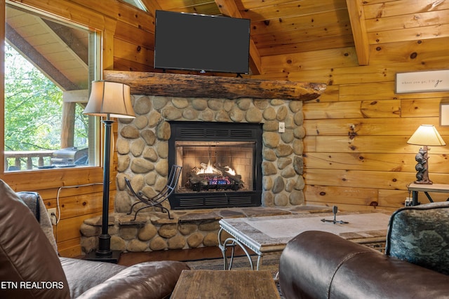 1235 Honeysuckle Ln, Sevierville, TN 37876 - living room with a fireplace, wooden ceiling, and wood walls