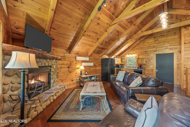 1235 Honeysuckle Ln, Sevierville, TN 37876 - living area with wooden walls, wooden ceiling, hardwood / wood-style floors, and a fireplace