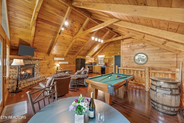 1235 Honeysuckle Ln, Sevierville, TN 37876 - rec room featuring wooden walls, wood ceiling, wood-type flooring, pool table, and a fireplace