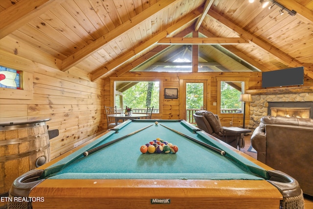 1235 Honeysuckle Ln, Sevierville, TN 37876 - game room with billiards table, wooden ceiling, wood walls, track lighting, and plenty of natural light