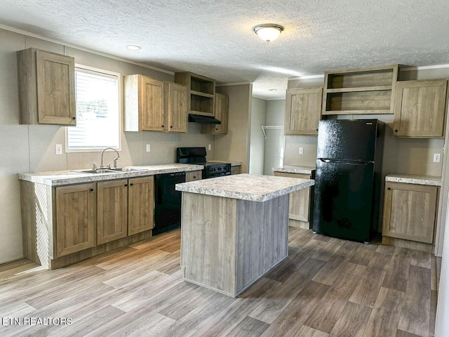 338 Bungalow Dr, Dandridge, TN 37725 - kitchen featuring open shelves, black appliances, extractor fan, light countertops, and light wood finished floors