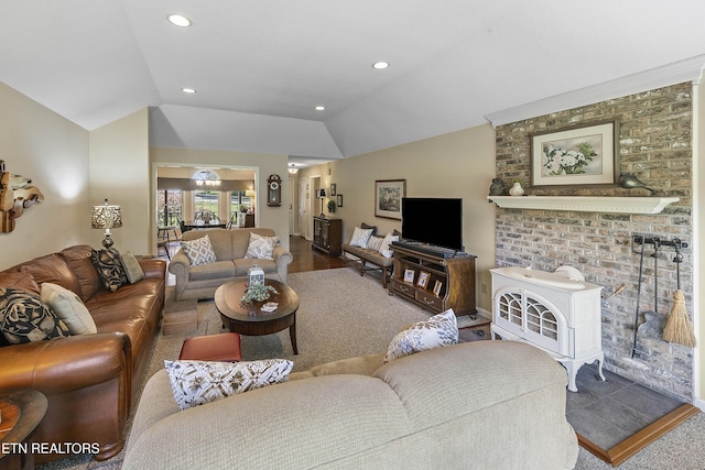 302 Lake St, Harriman, TN 37748 - living room with lofted ceiling, a wood stove, and recessed lighting