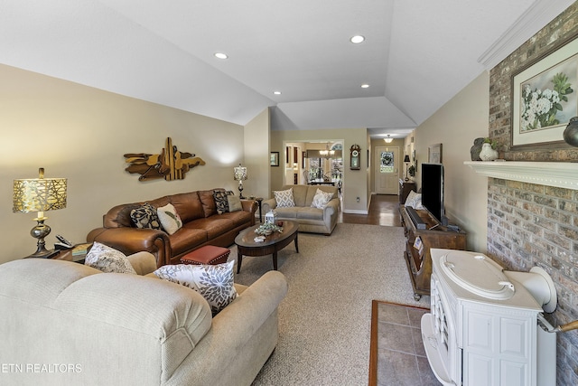 302 Lake St, Harriman, TN 37748 - living area with lofted ceiling, recessed lighting, and a brick fireplace