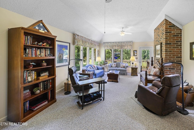 302 Lake St, Harriman, TN 37748 - carpeted living room with a textured ceiling, ceiling fan, and vaulted ceiling