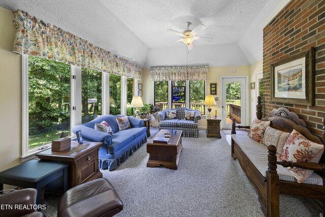 302 Lake St, Harriman, TN 37748 - living room with a ceiling fan, plenty of natural light, a textured ceiling, carpet, and vaulted ceiling