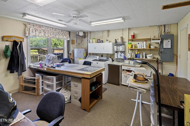 302 Lake St, Harriman, TN 37748 - carpeted office space with washer and clothes dryer, electric panel, electric water heater, and ceiling fan