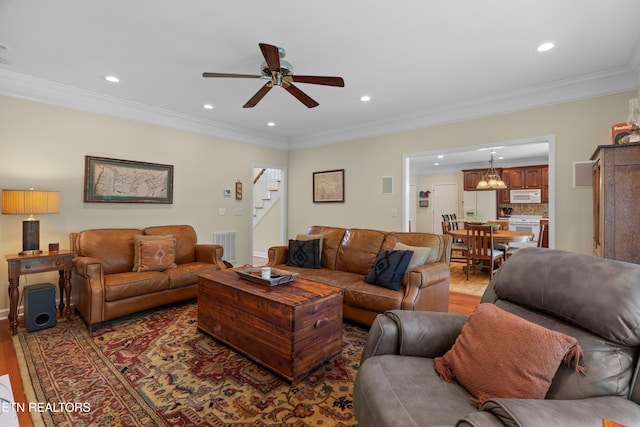 112 Reed Cir, Johnson City, TN 37601 - living area with light wood-style floors, recessed lighting, stairway, a ceiling fan, and ornamental molding
