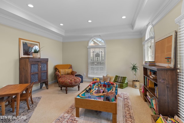 112 Reed Cir, Johnson City, TN 37601 - rec room with carpet flooring, a tray ceiling, ornamental molding, and recessed lighting