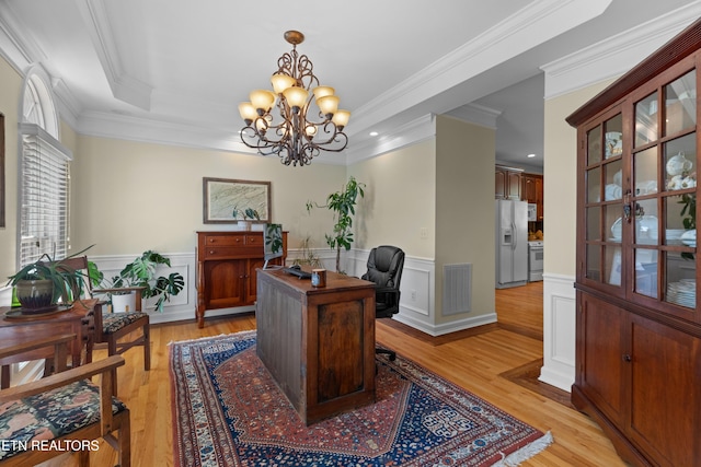 112 Reed Cir, Johnson City, TN 37601 - office with wainscoting, light wood-style floors, a chandelier, ornamental molding, and a tray ceiling