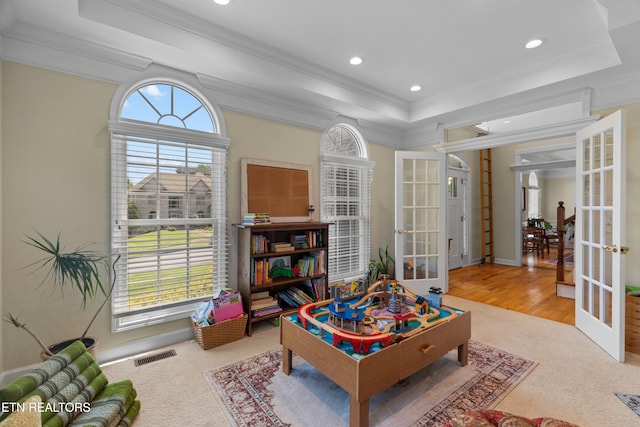 112 Reed Cir, Johnson City, TN 37601 - game room featuring french doors, a tray ceiling, ornamental molding, carpet, and recessed lighting