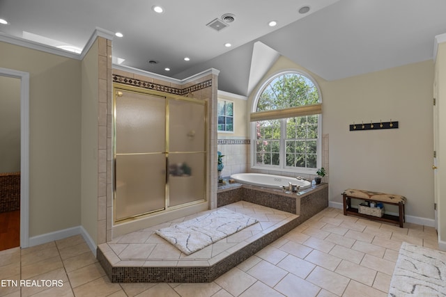 112 Reed Cir, Johnson City, TN 37601 - bathroom with a garden tub, tile patterned flooring, a stall shower, ornamental molding, and lofted ceiling