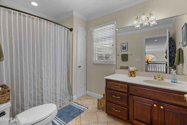 112 Reed Cir, Johnson City, TN 37601 - bathroom with vanity, ornamental molding, tile patterned floors, and a shower with shower curtain