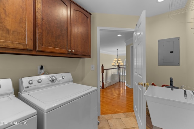 112 Reed Cir, Johnson City, TN 37601 - washroom with electric panel, cabinet space, washing machine and clothes dryer, a chandelier, and light tile patterned flooring