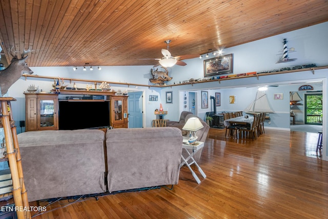 1108 Stanton Rd, Seymour, TN 37865 - living area with ceiling fan, wooden ceiling, wood finished floors, and lofted ceiling