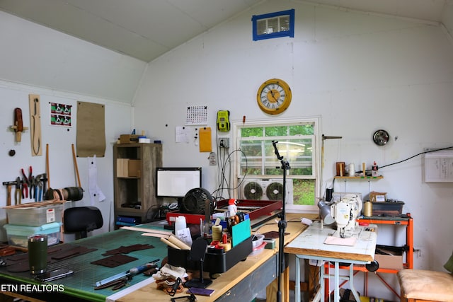 8025 Sharp Rd, Powell, TN 37849 - home office featuring lofted ceiling and a workshop area