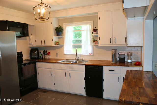 8025 Sharp Rd, Powell, TN 37849 - kitchen featuring black appliances, open shelves, wooden counters, white cabinetry, and crown molding