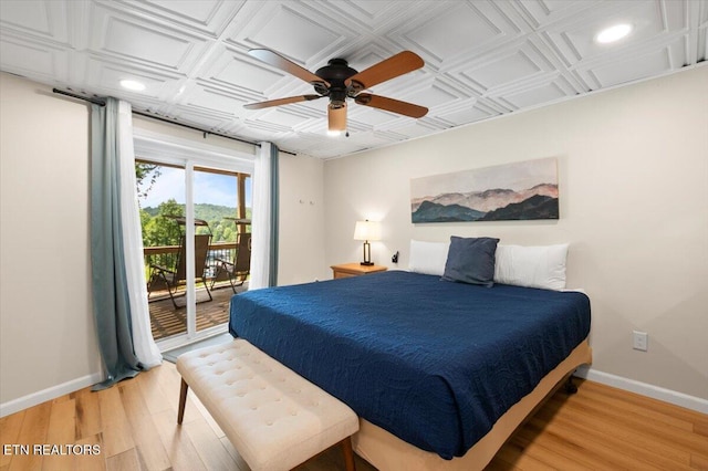 824 Deerfield Way, Lafollette, TN 37766 - bedroom featuring access to outside, light wood-style floors, recessed lighting, an ornate ceiling, and a ceiling fan