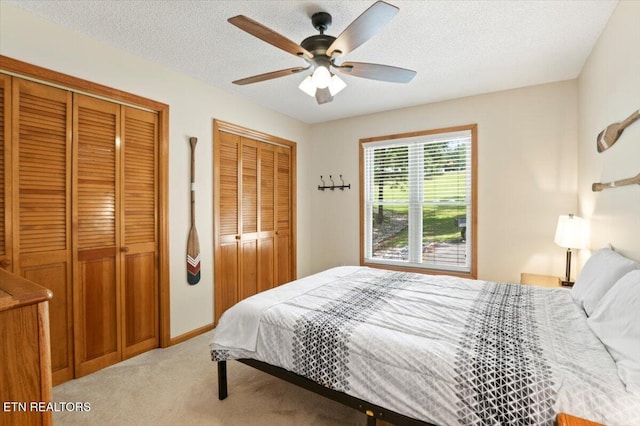 824 Deerfield Way, Lafollette, TN 37766 - bedroom featuring light colored carpet, multiple closets, a textured ceiling, and a ceiling fan
