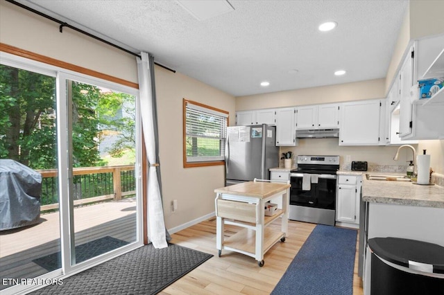 824 Deerfield Way, Lafollette, TN 37766 - kitchen featuring stainless steel appliances, under cabinet range hood, light countertops, white cabinetry, and a textured ceiling