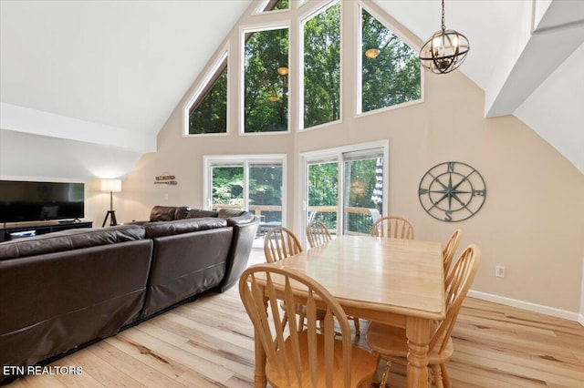 824 Deerfield Way, Lafollette, TN 37766 - dining room with high vaulted ceiling, light wood finished floors, and a chandelier
