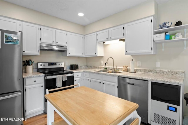 824 Deerfield Way, Lafollette, TN 37766 - kitchen featuring appliances with stainless steel finishes, under cabinet range hood, white cabinets, light countertops, and recessed lighting