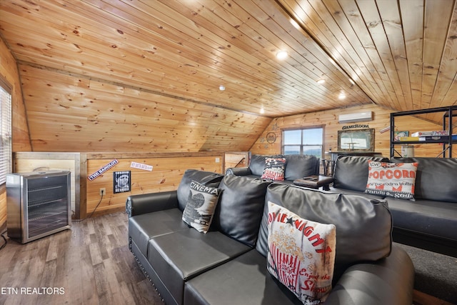 3169 Bear Mountain Ln, Sevierville, TN 37876 - cinema room with wooden walls, lofted ceiling, wooden ceiling, wood finished floors, and an AC wall unit