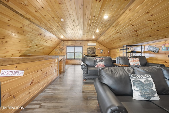 3169 Bear Mountain Ln, Sevierville, TN 37876 - living room with wooden walls, vaulted ceiling, wooden ceiling, wood finished floors, and a wall mounted air conditioner