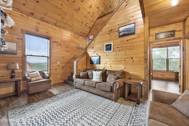 3169 Bear Mountain Ln, Sevierville, TN 37876 - living area featuring lofted ceiling, wooden walls, wood finished floors, and wood ceiling