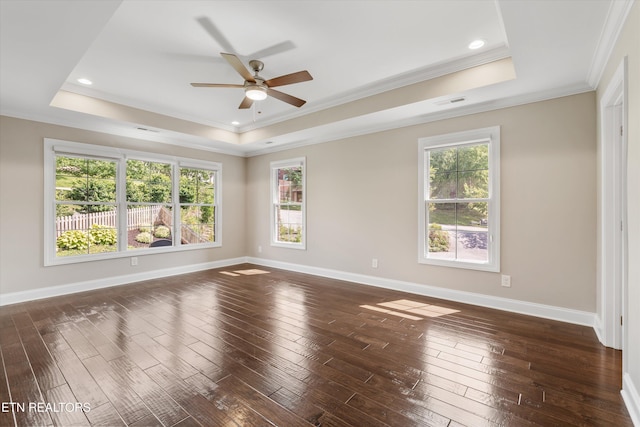 9208 Palomino Way, Knoxville, TN 37922 - unfurnished room with a tray ceiling, crown molding, ceiling fan, plenty of natural light, and dark wood finished floors