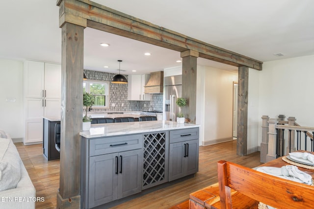 713 Concord Rd, Knoxville, TN 37934 - kitchen with premium range hood, high end refrigerator, gray cabinetry, light wood-type flooring, and recessed lighting