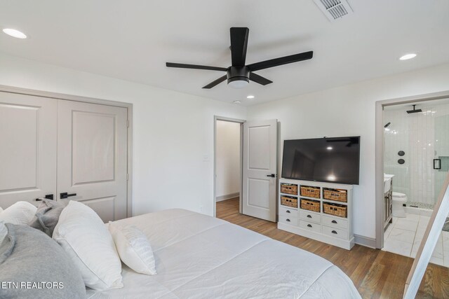 713 Concord Rd, Knoxville, TN 37934 - bedroom featuring recessed lighting, wood finished floors, a closet, connected bathroom, and a ceiling fan