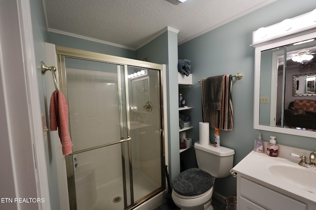 616 Loop Rd, Knoxville, TN 37934 - bathroom featuring crown molding, vanity, a stall shower, and a textured ceiling