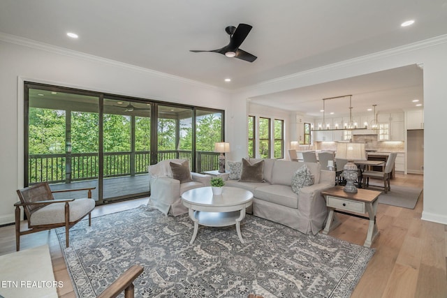 1100 Regality Way, Knoxville, TN 37923 - living area featuring ceiling fan, light wood-type flooring, crown molding, and recessed lighting