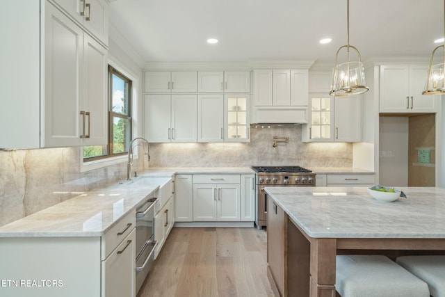 1100 Regality Way, Knoxville, TN 37923 - kitchen with high end range, light wood finished floors, white cabinetry, glass insert cabinets, and recessed lighting