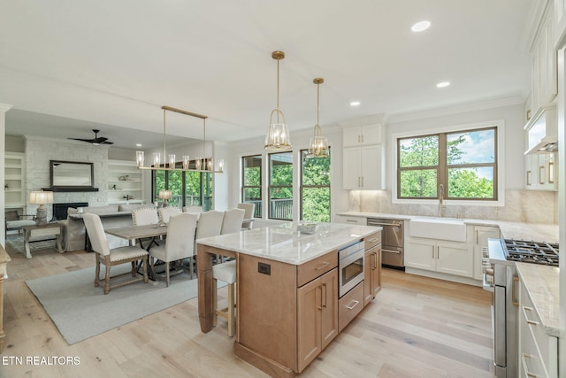 1100 Regality Way, Knoxville, TN 37923 - kitchen featuring appliances with stainless steel finishes, ornamental molding, light stone countertops, light wood-style floors, and recessed lighting