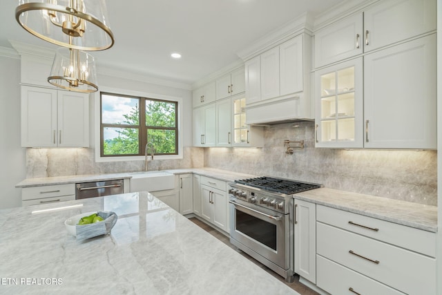1100 Regality Way, Knoxville, TN 37923 - kitchen featuring stainless steel appliances, a chandelier, white cabinetry, crown molding, and recessed lighting