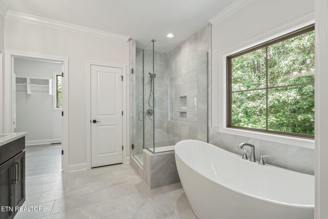 1100 Regality Way, Knoxville, TN 37923 - bathroom with ornamental molding, a shower stall, a freestanding bath, vanity, and a spacious closet