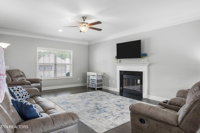 1152 Cloud View Dr, Powell, TN 37849 - living area featuring ornamental molding, dark wood finished floors, ceiling fan, a fireplace with flush hearth, and recessed lighting