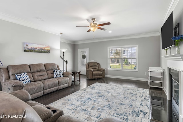 1152 Cloud View Dr, Powell, TN 37849 - living area with ceiling fan, crown molding, wood finished floors, recessed lighting, and a glass covered fireplace