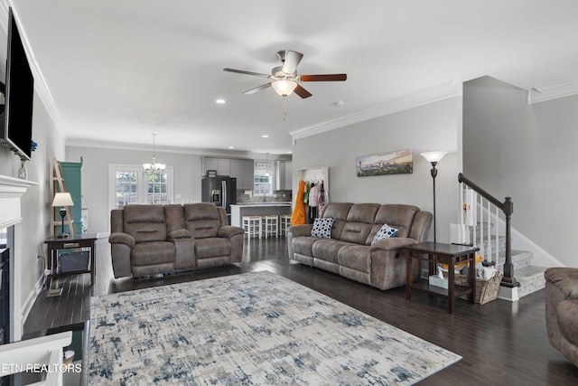 1152 Cloud View Dr, Powell, TN 37849 - living area with a ceiling fan, ornamental molding, a chandelier, stairway, and dark wood-style floors